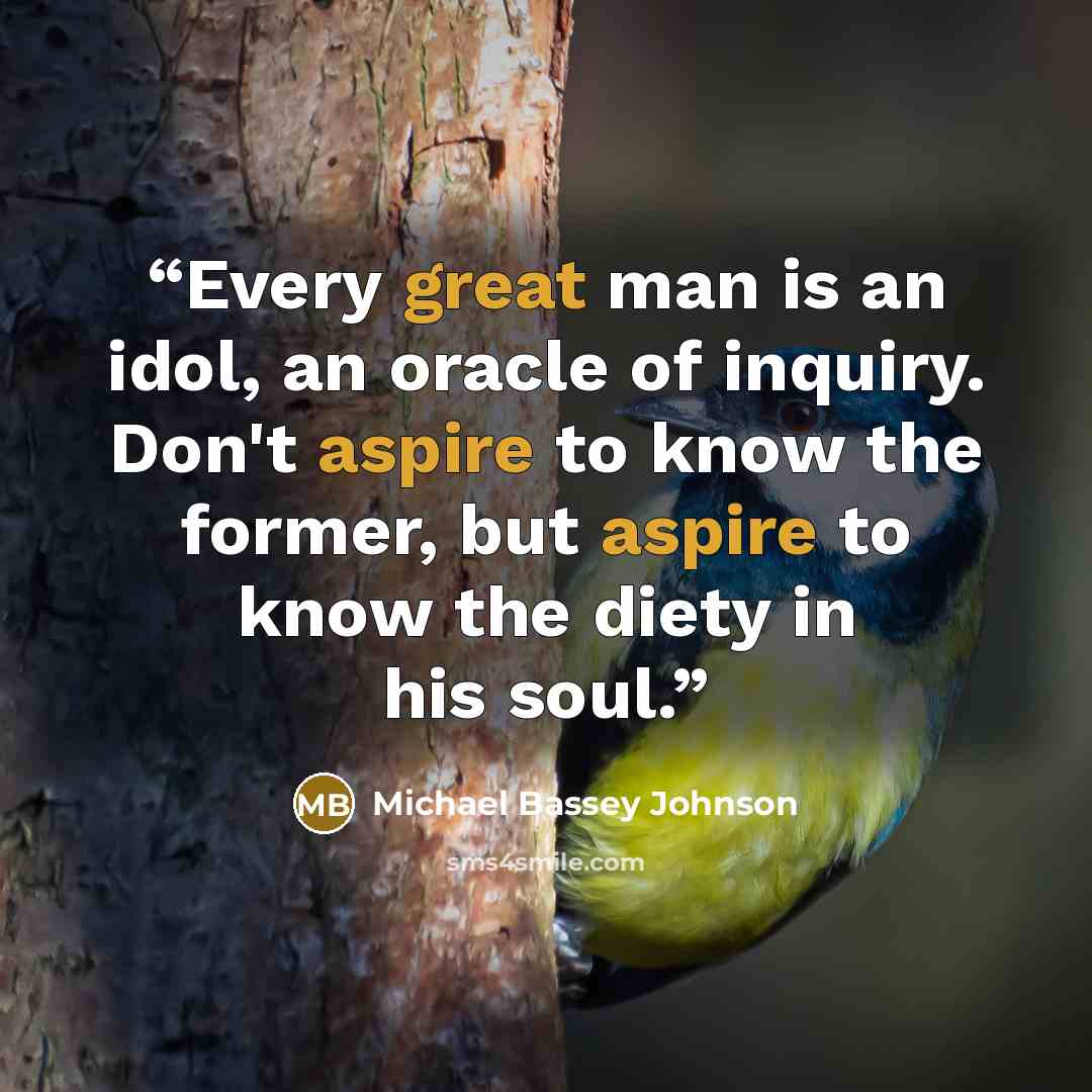 “Every great man is an idol, an oracle of inquiry. Don't aspire to know the former, but aspire to know the diety in his soul.” quote by Michael Bassey Johnson