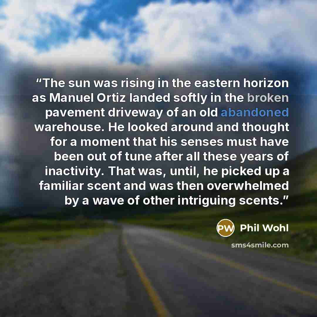 “The sun was rising in the eastern horizon as Manuel Ortiz landed softly in the broken pavement driveway of an old abandoned warehouse. He looked around and thought for a moment that his senses must have been out of tune after all these years of inactivity. That was, until, he picked up a familiar…” quote by phil Wohl