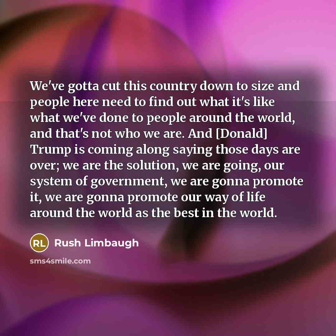 “We've gotta cut this country down to size and people here need to find out what it's like what we've done to people around the world, and that's not who we are. And [Donald] Trump is coming along saying those days are over; we are the solution, we are going, our system of government, we are gonna…” quote by Rush Limbaugh