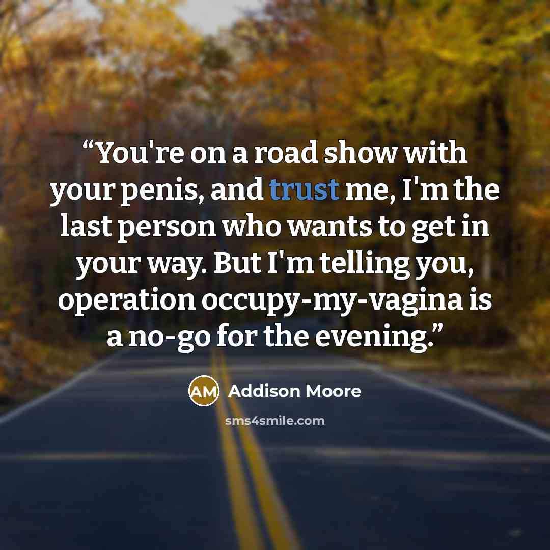 “You're on a road show with your penis, and trust me, I'm the last person who wants to get in your way. But I'm telling you, operation occupy-my-vagina is a no-go for the evening.” quote by Addison Moore