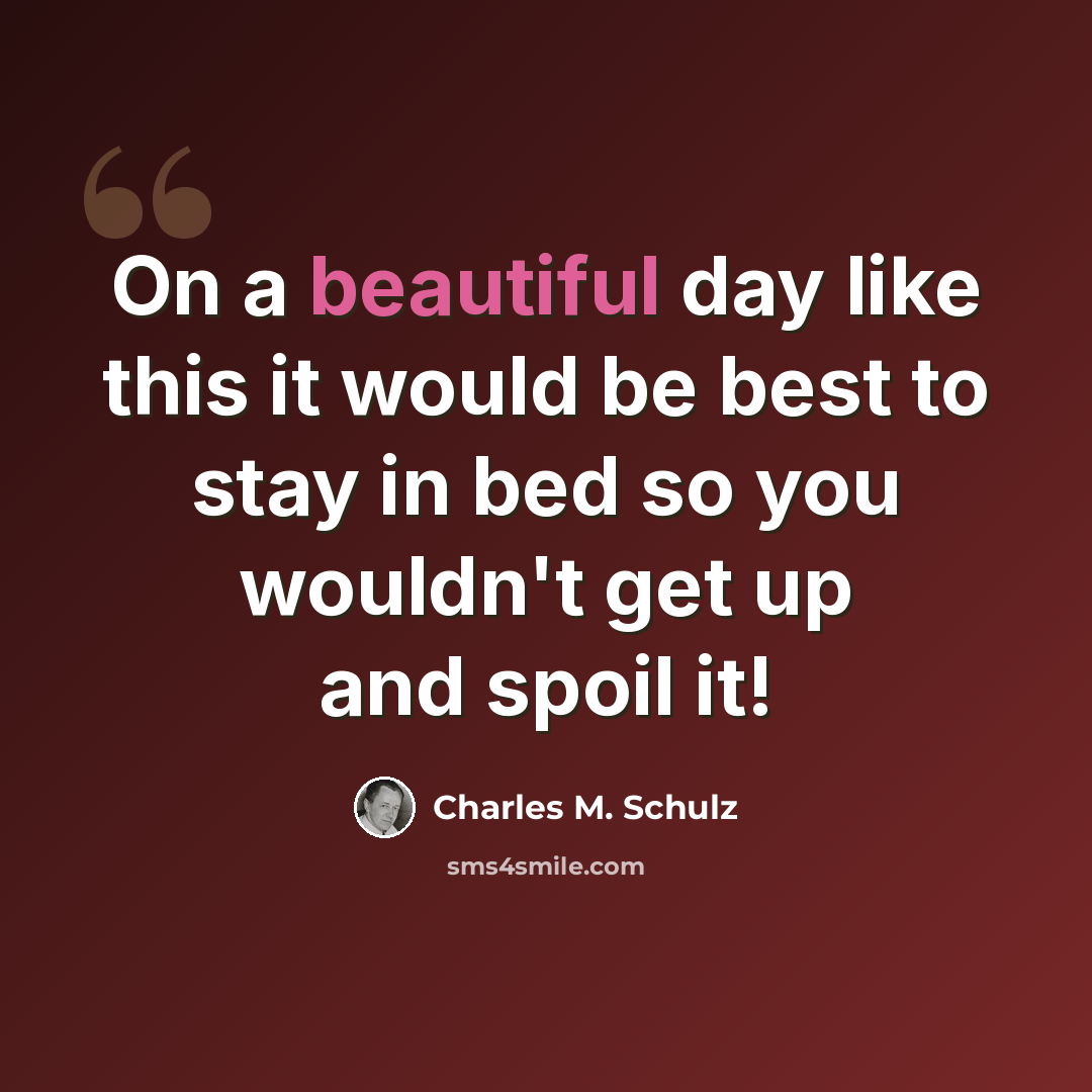 “On a beautiful day like this it would be best to stay in bed so you wouldn't get up and spoil it!” quote by Charles M. Schulz