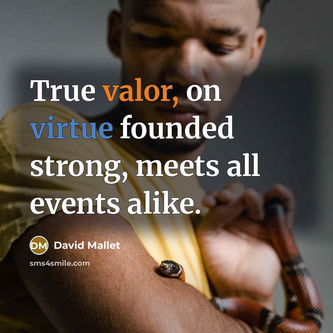 “True valor, on virtue founded strong, meets all events alike.” quote by David Mallet