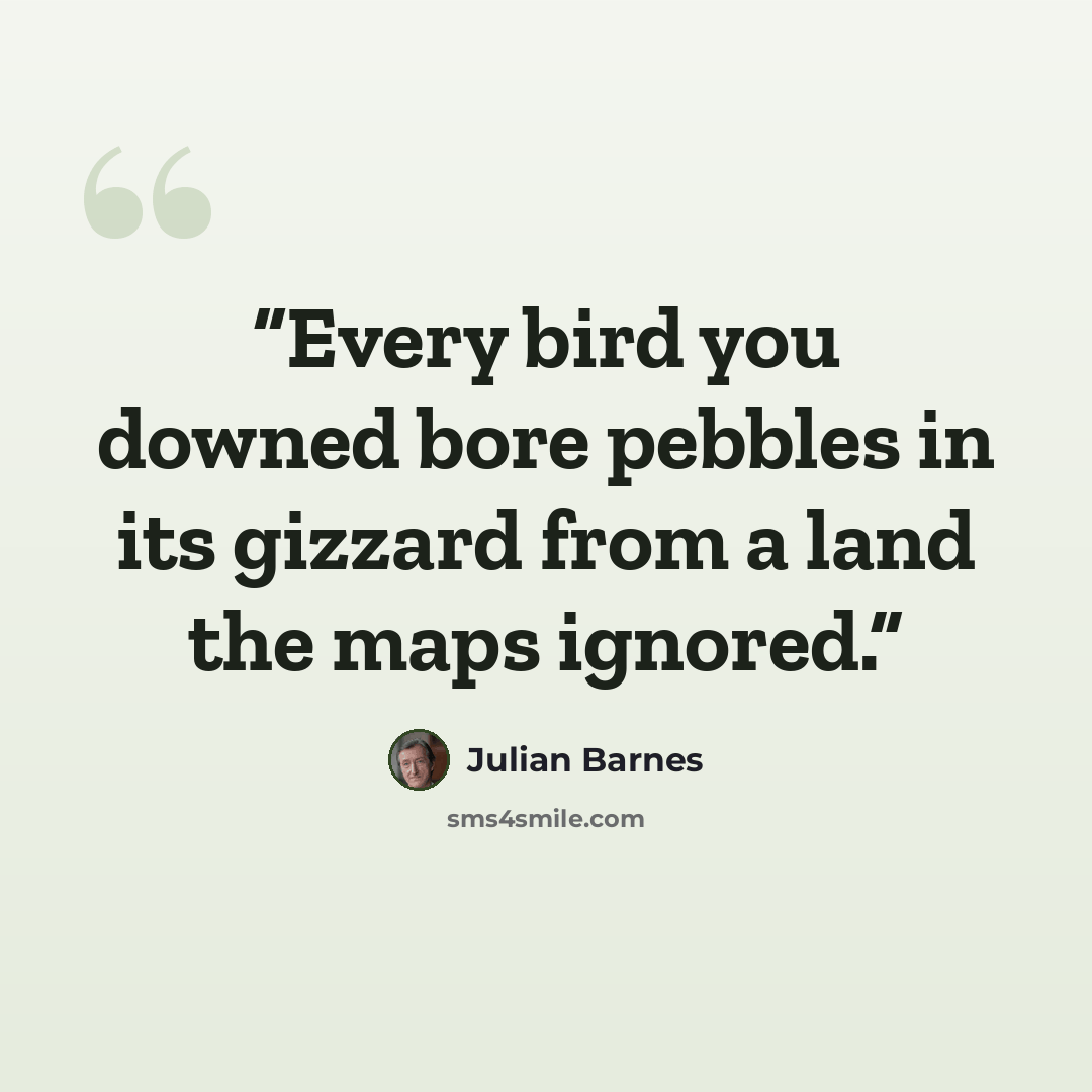 “Every bird you downed bore pebbles in its gizzard from a land the maps ignored.” quote by Julian Barnes