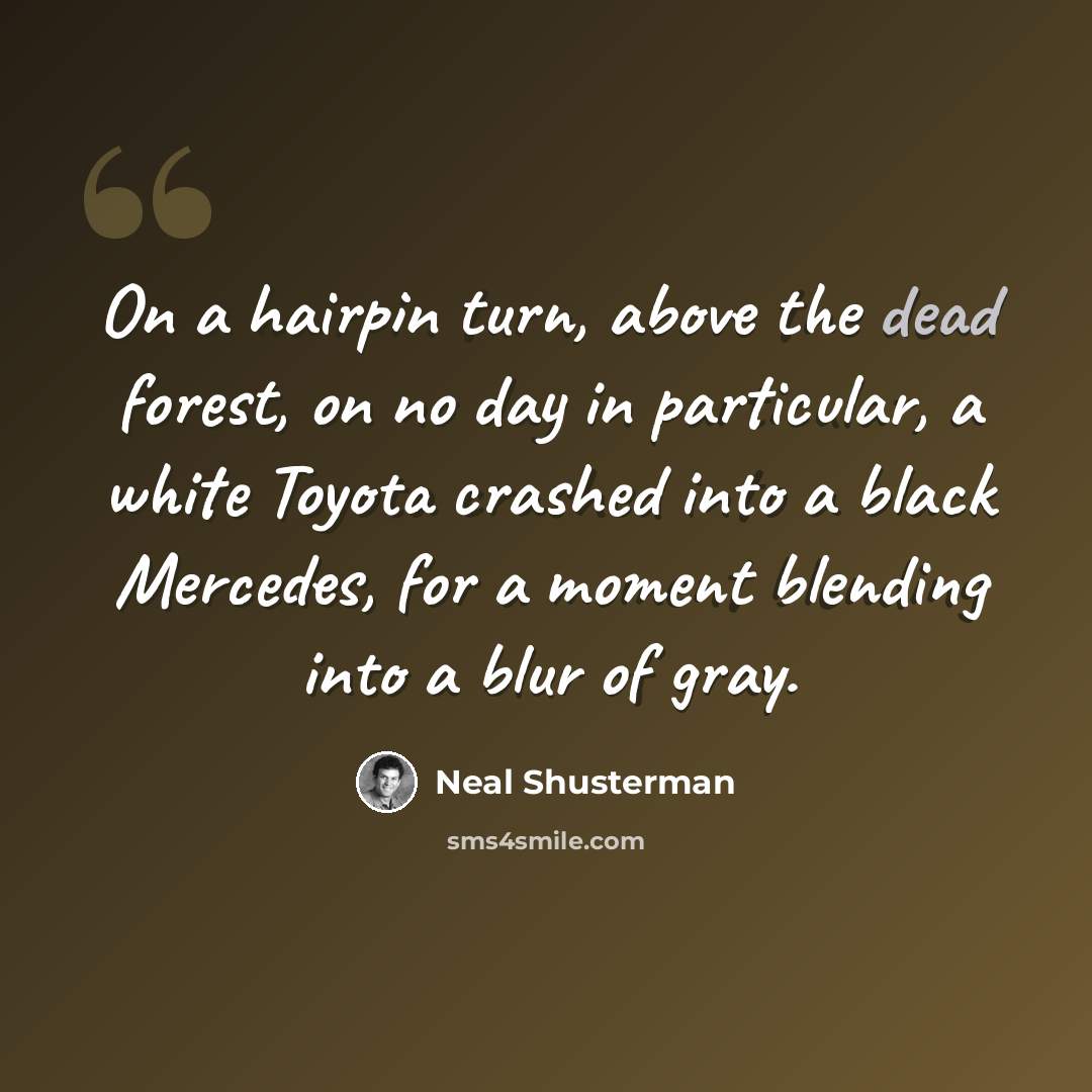 “On a hairpin turn, above the dead forest, on no day in particular, a white Toyota crashed into a black Mercedes, for a moment blending into a blur of gray.” quote by Neal Shusterman