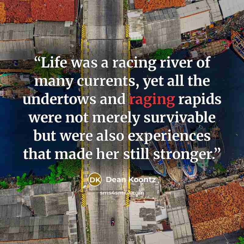 “Life was a racing river of many currents, yet all the undertows and raging rapids were not merely survivable but were also experiences that made her still stronger.” quote by Dean Koontz