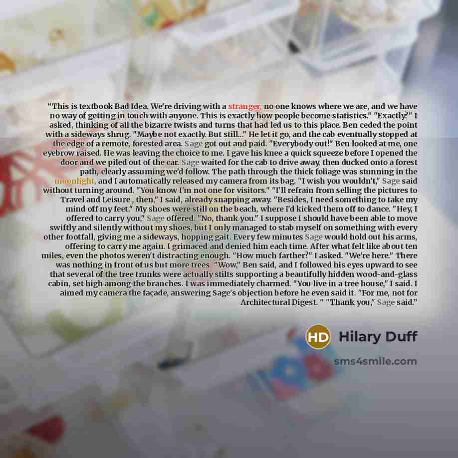 “This is textbook Bad Idea. We're driving with a stranger, no one knows where we are, and we have no way of getting in touch with anyone. This is exactly how people become statistics." "Exactly?" I asked, thinking of all the bizarre twists and turns that had led us to this place. Ben ceded the…” quote by Hilary Duff