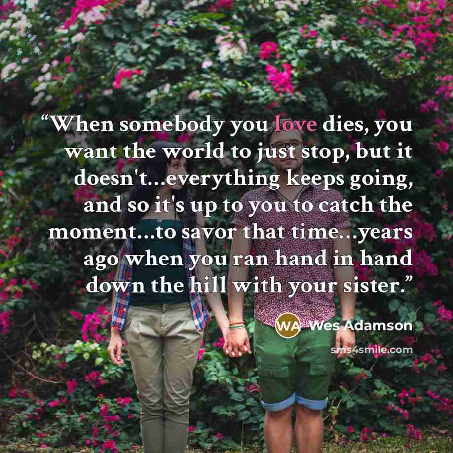 “When somebody you love dies, you want the world to just stop, but it doesn't…everything keeps going, and so it's up to you to catch the moment…to savor that time…years ago when you ran hand in hand down the hill with your sister.” quote by Wes Adamson