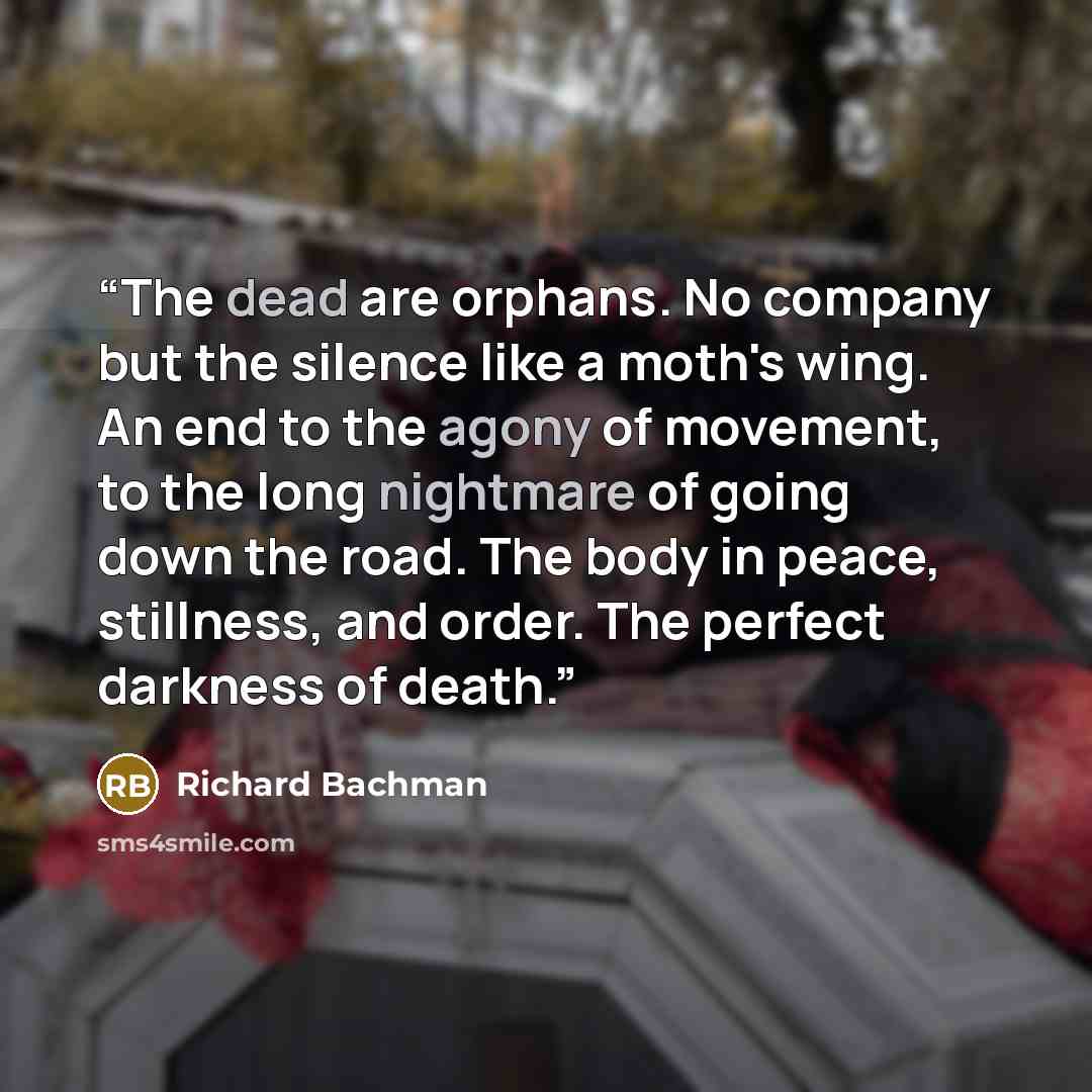 “The dead are orphans. No company but the silence like a moth's wing. An end to the agony of movement, to the long nightmare of going down the road. The body in peace, stillness, and order. The perfect darkness of death.” quote by Richard Bachman