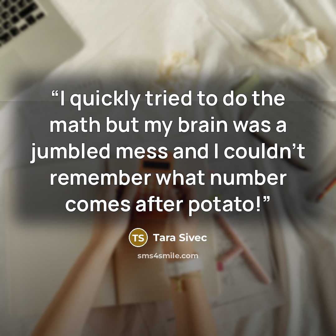 “I quickly tried to do the math but my brain was a jumbled mess and I couldn’t remember what number comes after potato!” quote by Tara Sivec