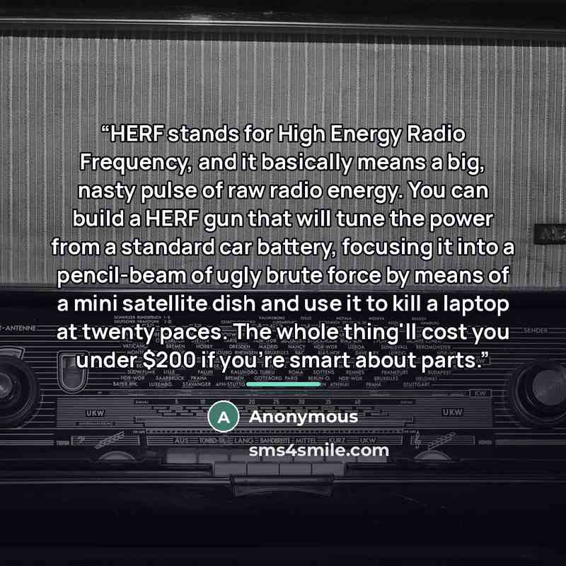 “HERF stands for High Energy Radio Frequency, and it basically means a big, nasty pulse of raw radio energy. You can build a HERF gun that will tune the power from a standard car battery, focusing it into a pencil-beam of ugly brute force by means of a mini satellite dish and use it to kill a…” quote by Anonymous