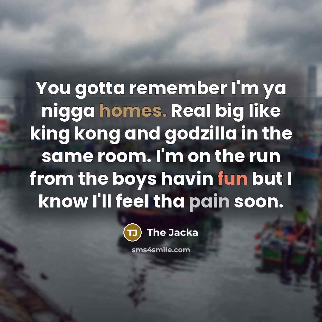 “You gotta remember I'm ya nigga homes. Real big like king kong and godzilla in the same room. I'm on the run from the boys havin fun but I know I'll feel tha pain soon.” quote by The Jacka