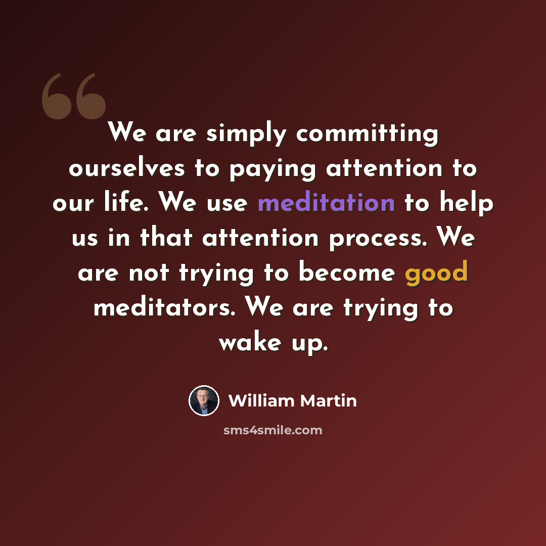 “We are simply committing ourselves to paying attention to our life. We use meditation to help us in that attention process. We are not trying to become good meditators. We are trying to wake up.” quote by William Martin