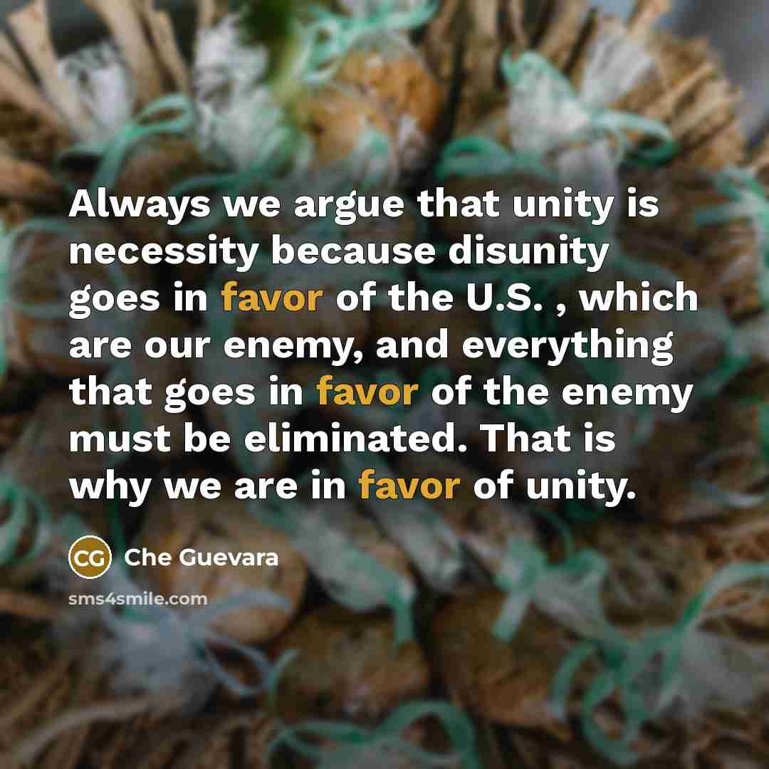 “Always we argue that unity is necessity because disunity goes in favor of the U.S. , which are our enemy, and everything that goes in favor of the enemy must be eliminated. That is why we are in favor of unity.” quote by Che Guevara