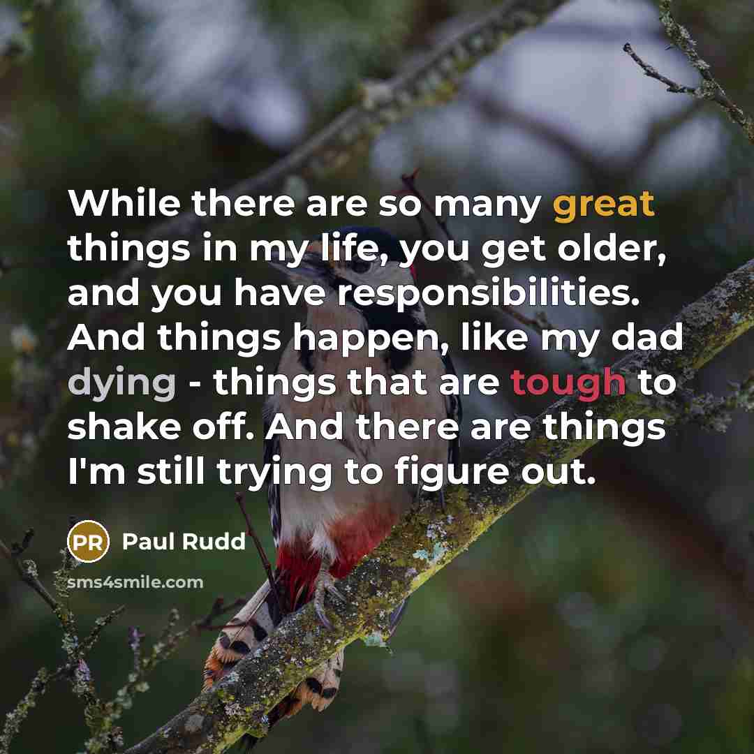 “While there are so many great things in my life, you get older, and you have responsibilities. And things happen, like my dad dying - things that are tough to shake off. And there are things I'm still trying to figure out.” quote by Paul Rudd