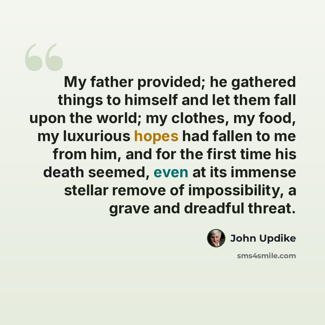 “My father provided; he gathered things to himself and let them fall upon the world; my clothes, my food, my luxurious hopes had fallen to me from him, and for the first time his death seemed, even at its immense stellar remove of impossibility, a grave and dreadful threat.” quote by John Updike