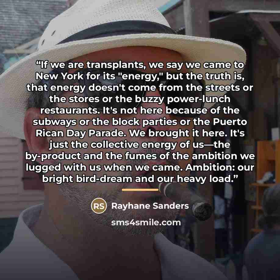 “If we are transplants, we say we came to New York for its "energy," but the truth is, that energy doesn't come from the streets or the stores or the buzzy power-lunch restaurants. It's not here because of the subways or the block parties or the Puerto Rican Day Parade. We brought it here. It's…” quote by Rayhane Sanders