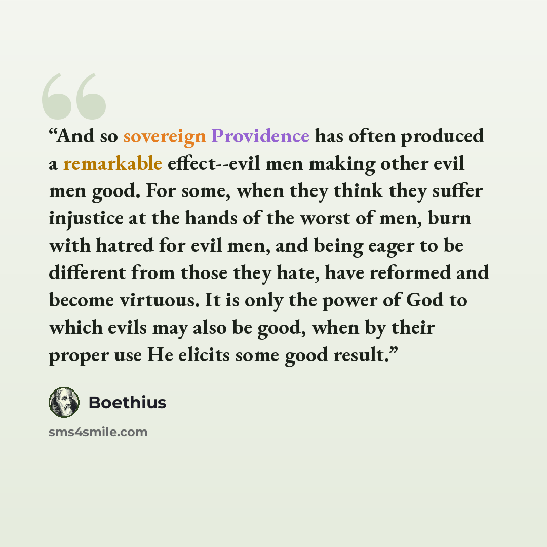 “And so sovereign Providence has often produced a remarkable effect--evil men making other evil men good. For some, when they think they suffer injustice at the hands of the worst of men, burn with hatred for evil men, and being eager to be different from those they hate, have reformed and become…” quote by Boethius