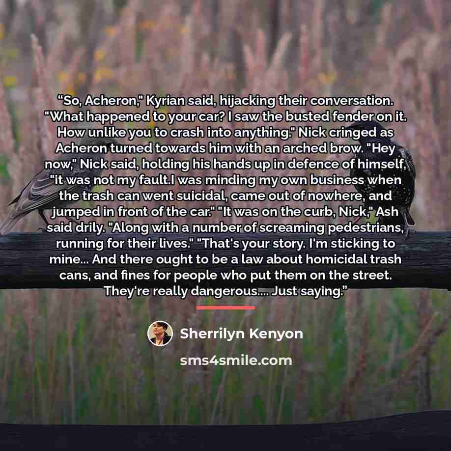 “So, Acheron," Kyrian said, hijacking their conversation. "What happened to your car? I saw the busted fender on it. How unlike you to crash into anything." Nick cringed as Acheron turned towards him with an arched brow. "Hey now," Nick said, holding his hands up in defence of himself, "it was not…” quote by Sherrilyn Kenyon