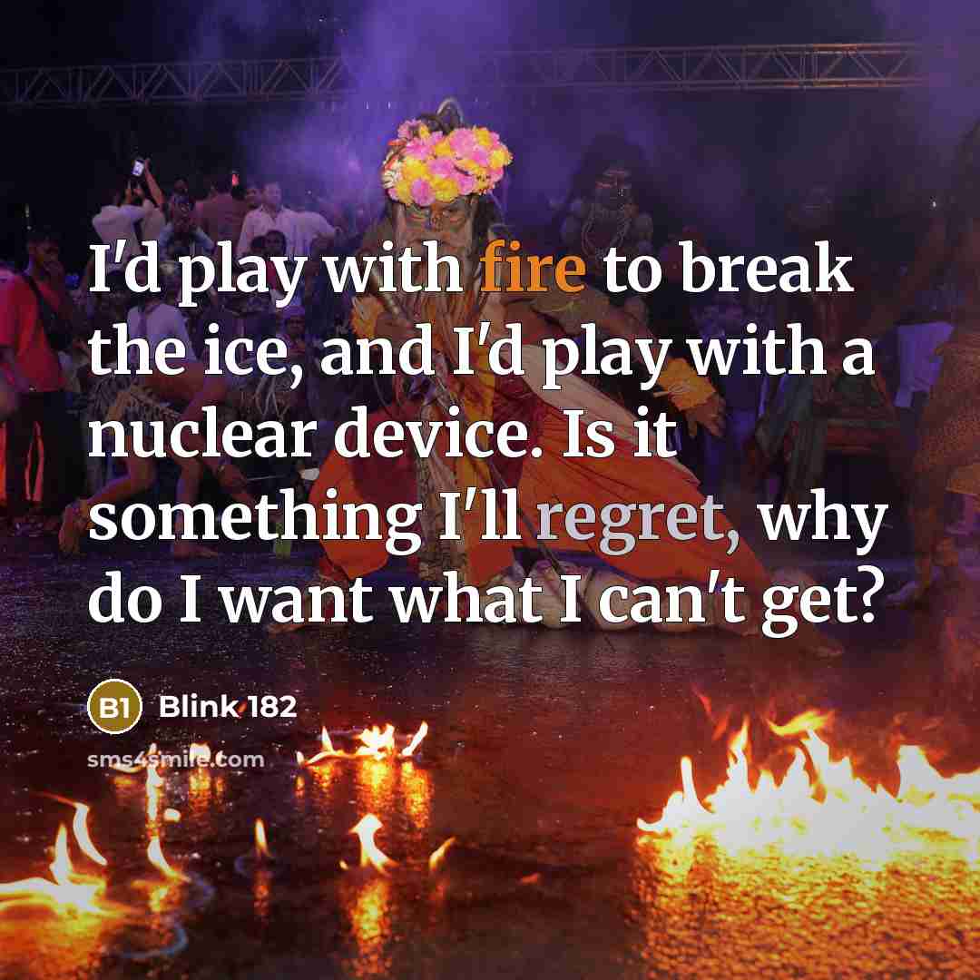 “I'd play with fire to break the ice, and I'd play with a nuclear device. Is it something I'll regret, why do I want what I can't get?” quote by Blink 182