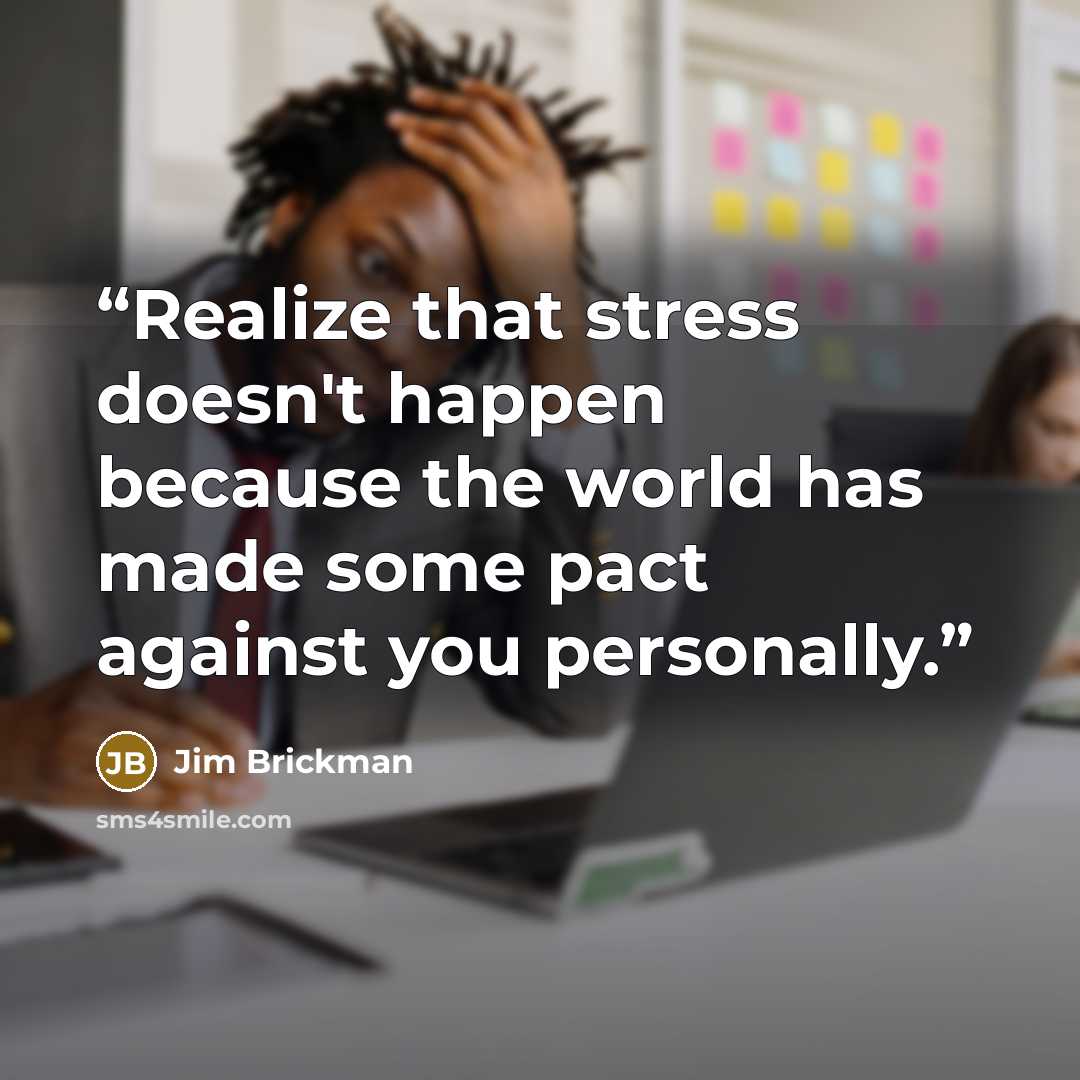 “Realize that stress doesn't happen because the world has made some pact against you personally.” quote by Jim Brickman