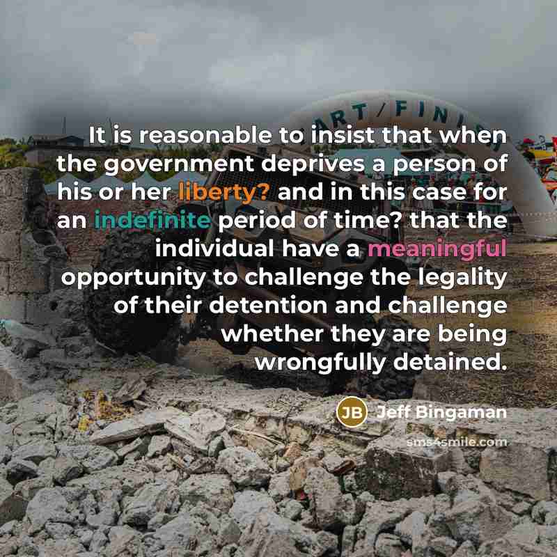 “It is reasonable to insist that when the government deprives a person of his or her liberty? and in this case for an indefinite period of time? that the individual have a meaningful opportunity to challenge the legality of their detention and challenge whether they are being wrongfully detained.” quote by Jeff Bingaman