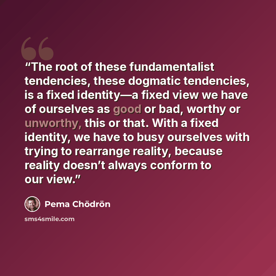 “The root of these fundamentalist tendencies, these dogmatic tendencies, is a fixed identity—a fixed view we have of ourselves as good or bad, worthy or unworthy, this or that. With a fixed identity, we have to busy ourselves with trying to rearrange reality, because reality doesn’t always conform…” quote by Pema Chödrön