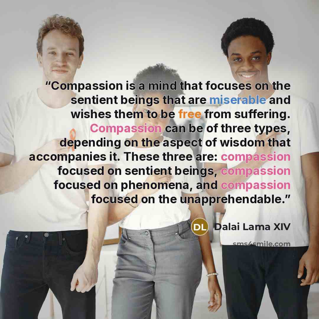 “Compassion is a mind that focuses on the sentient beings that are miserable and wishes them to be free from suffering. Compassion can be of three types, depending on the aspect of wisdom that accompanies it. These three are: compassion focused on sentient beings, compassion focused on phenomena…” quote by Dalai Lama XIV
