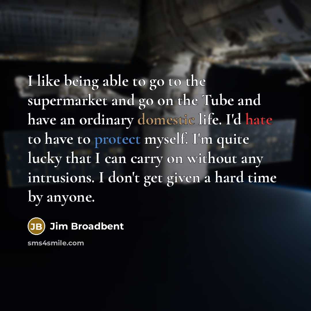 “I like being able to go to the supermarket and go on the Tube and have an ordinary domestic life. I'd hate to have to protect myself. I'm quite lucky that I can carry on without any intrusions. I don't get given a hard time by anyone.” quote by Jim Broadbent