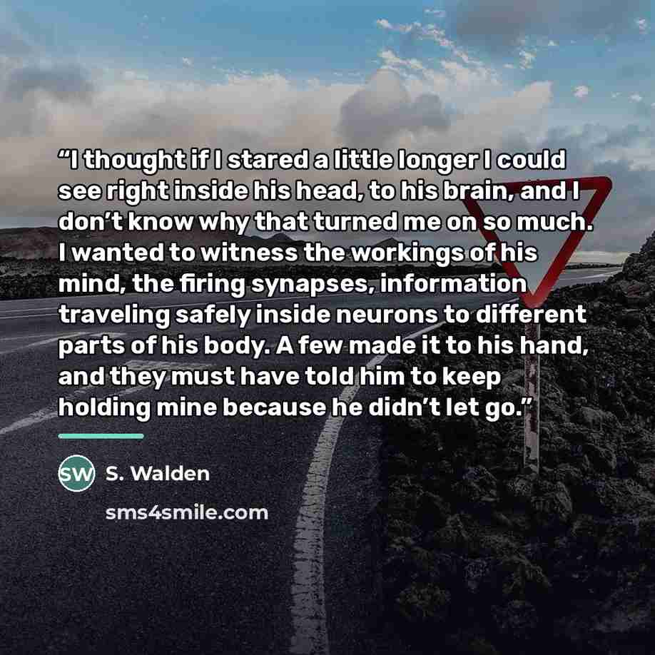 “I thought if I stared a little longer I could see right inside his head, to his brain, and I don’t know why that turned me on so much. I wanted to witness the workings of his mind, the firing synapses, information traveling safely inside neurons to different parts of his body. A few made it to his…” quote by S. Walden