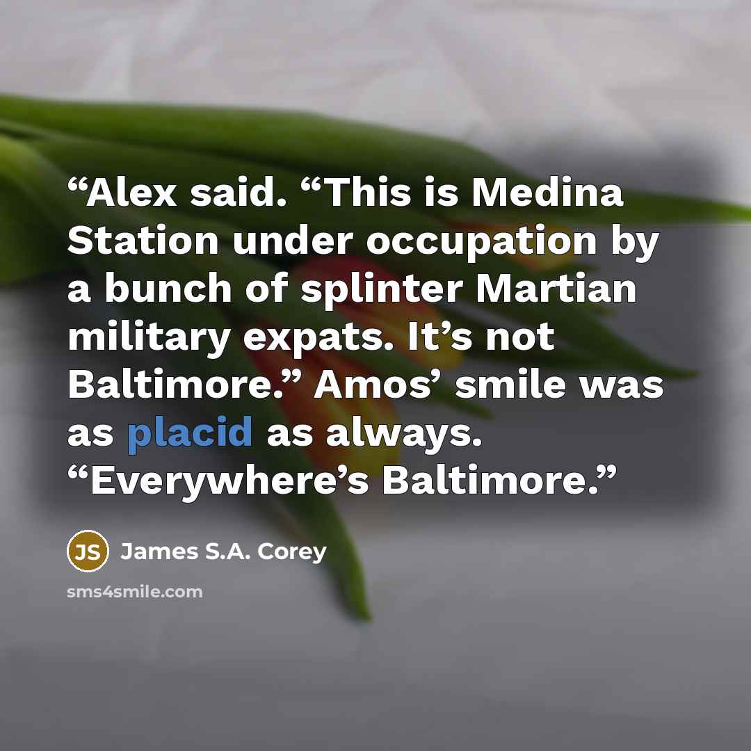 “Alex said. “This is Medina Station under occupation by a bunch of splinter Martian military expats. It’s not Baltimore.” Amos’ smile was as placid as always. “Everywhere’s Baltimore.” quote by James S.A. Corey