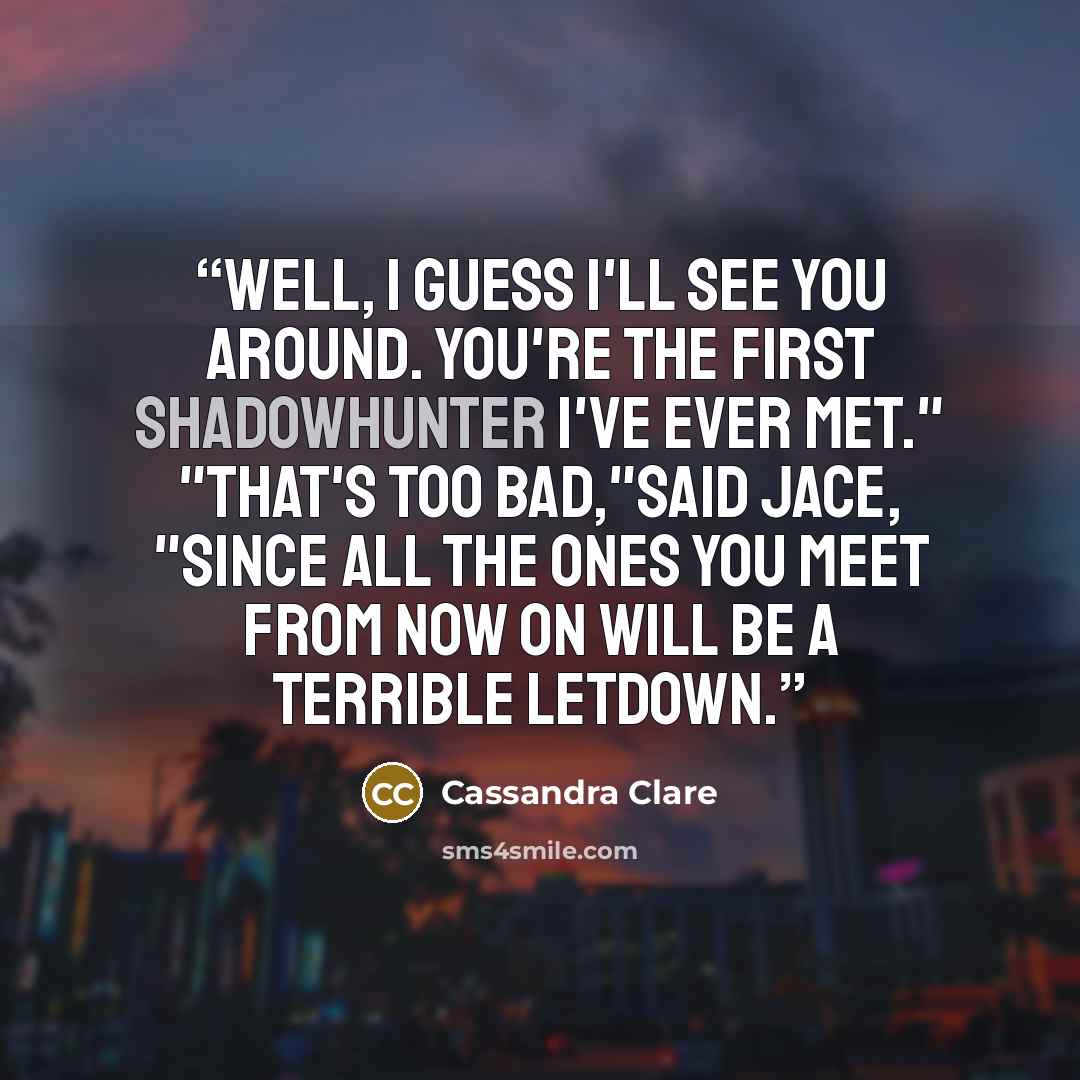 “Well, I guess I'll see you around. You're the first Shadowhunter I've ever met." "That's too bad,"said Jace, "since all the ones you meet from now on will be a terrible letdown.” quote by Cassandra Clare