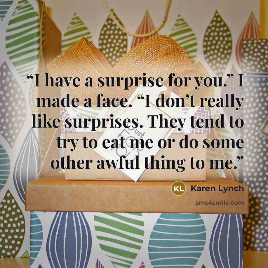 “I have a surprise for you.” I made a face. “I don’t really like surprises. They tend to try to eat me or do some other awful thing to me.” quote by Karen Lynch