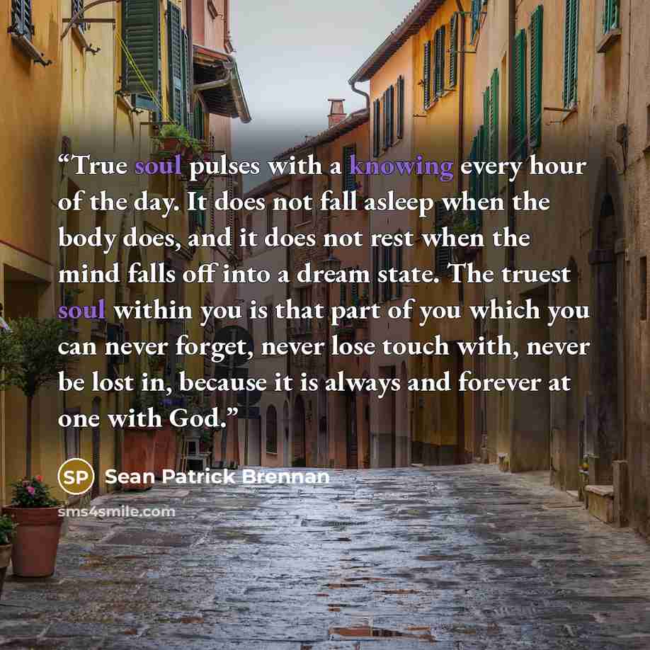 “True soul pulses with a knowing every hour of the day. It does not fall asleep when the body does, and it does not rest when the mind falls off into a dream state. The truest soul within you is that part of you which you can never forget, never lose touch with, never be lost in, because it is…” quote by Sean Patrick Brennan