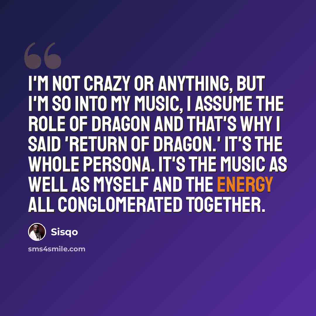 “I'm not crazy or anything, but I'm so into my music, I assume the role of Dragon and that's why I said 'Return of Dragon.' It's the whole persona. It's the music as well as myself and the energy all conglomerated together.” quote by Sisqo
