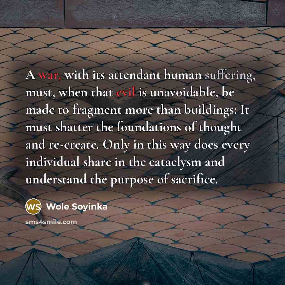 “A war, with its attendant human suffering, must, when that evil is unavoidable, be made to fragment more than buildings: It must shatter the foundations of thought and re-create. Only in this way does every individual share in the cataclysm and understand the purpose of sacrifice.” quote by Wole Soyinka