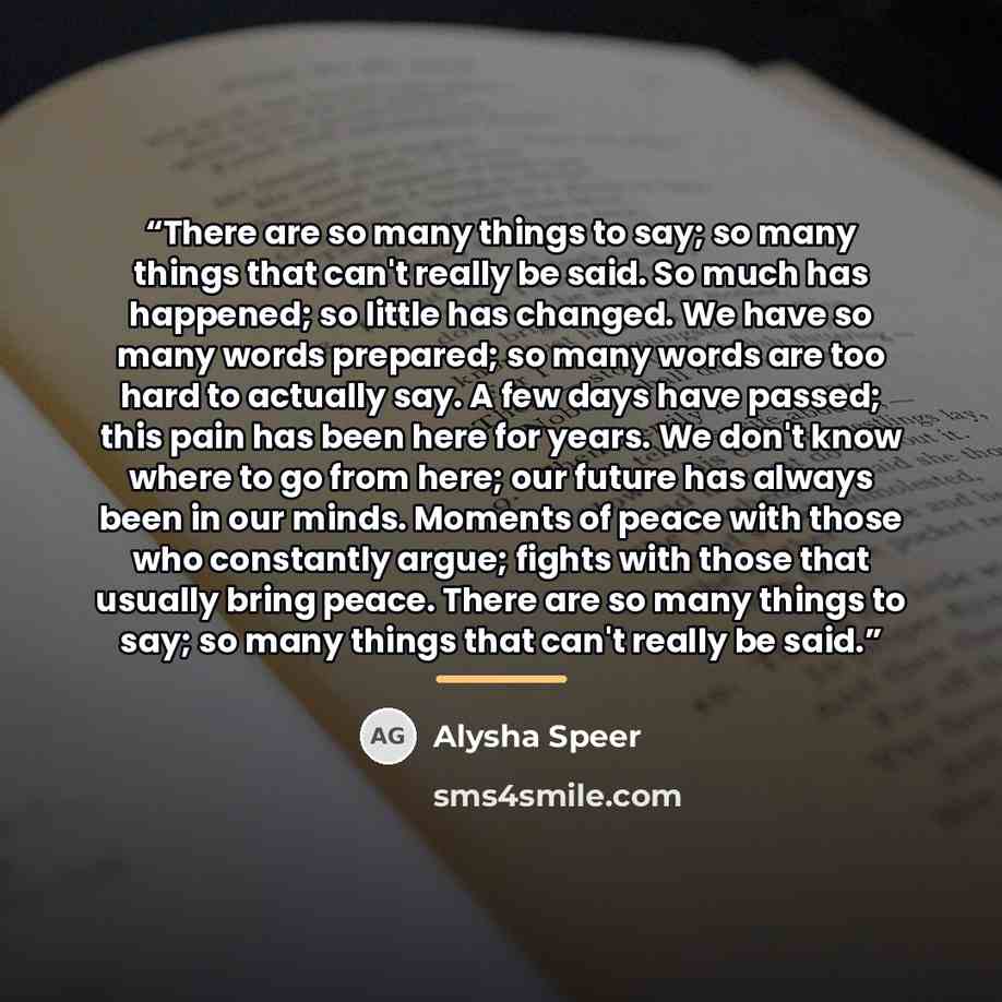 “There are so many things to say; so many things that can't really be said. So much has happened; so little has changed. We have so many words prepared; so many words are too hard to actually say. A few days have passed; this pain has been here for years. We don't know where to go from here; our…” quote by Alysha Speer