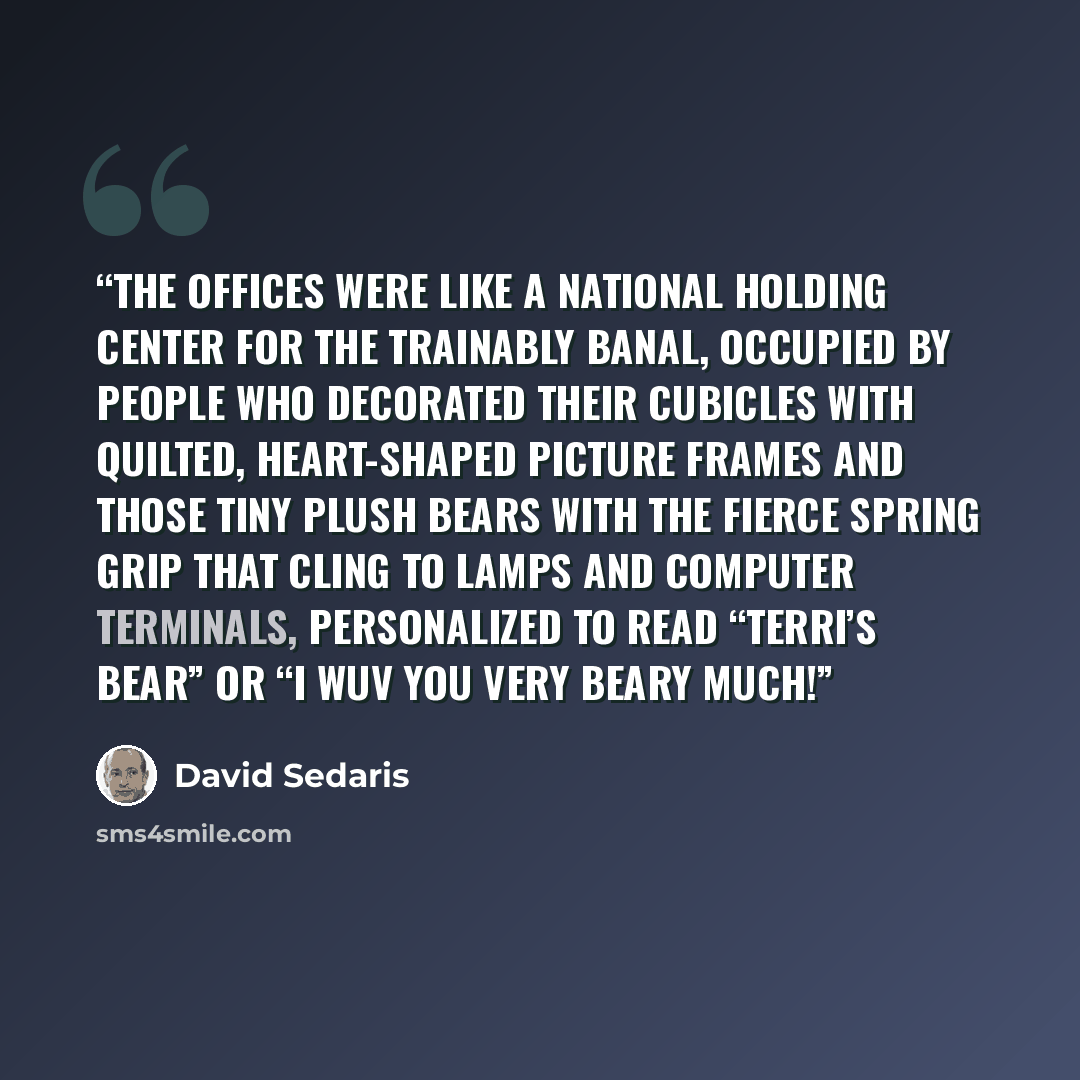 “The offices were like a national holding center for the trainably banal, occupied by people who decorated their cubicles with quilted, heart-shaped picture frames and those tiny plush bears with the fierce spring grip that cling to lamps and computer terminals, personalized to read “Terri’s bear”…” quote by David Sedaris