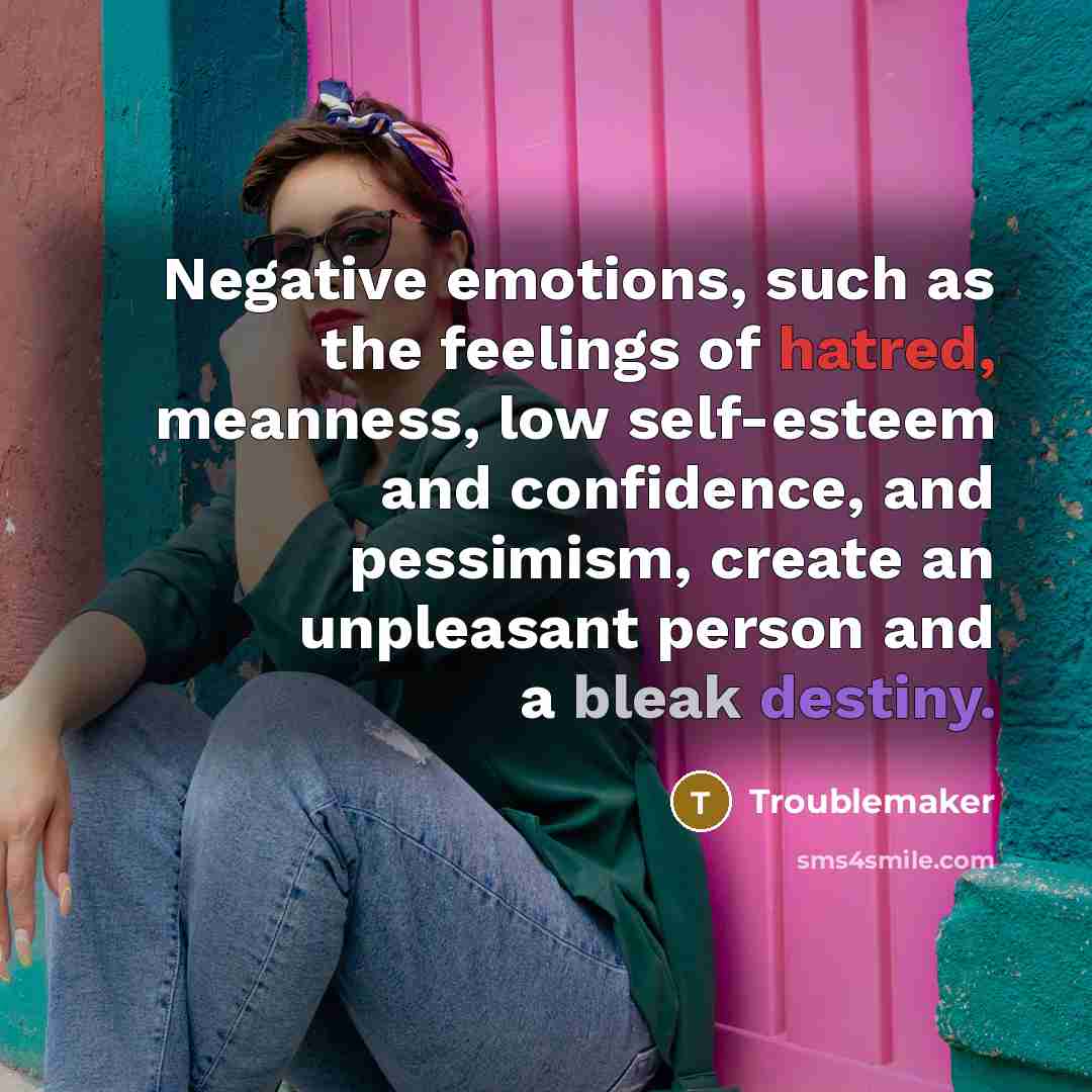 “Negative emotions, such as the feelings of hatred, meanness, low self-esteem and confidence, and pessimism, create an unpleasant person and a bleak destiny.” quote by Troublemaker
