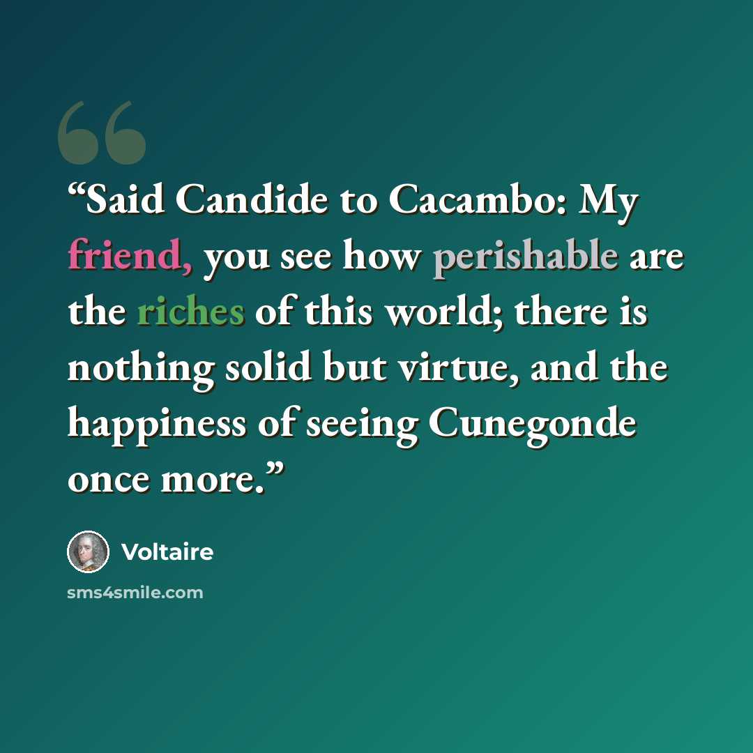 “Said Candide to Cacambo: My friend, you see how perishable are the riches of this world; there is nothing solid but virtue, and the happiness of seeing Cunegonde once more.” quote by Voltaire