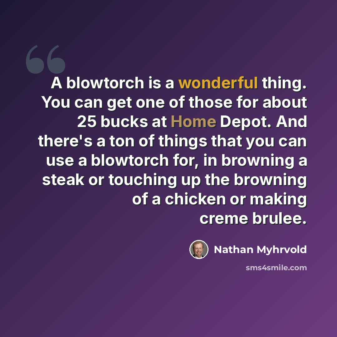 “A blowtorch is a wonderful thing. You can get one of those for about 25 bucks at Home Depot. And there's a ton of things that you can use a blowtorch for, in browning a steak or touching up the browning of a chicken or making creme brulee.” quote by Nathan Myhrvold