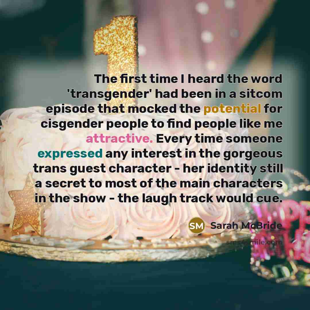 “The first time I heard the word 'transgender' had been in a sitcom episode that mocked the potential for cisgender people to find people like me attractive. Every time someone expressed any interest in the gorgeous trans guest character - her identity still a secret to most of the main characters…” quote by Sarah McBride