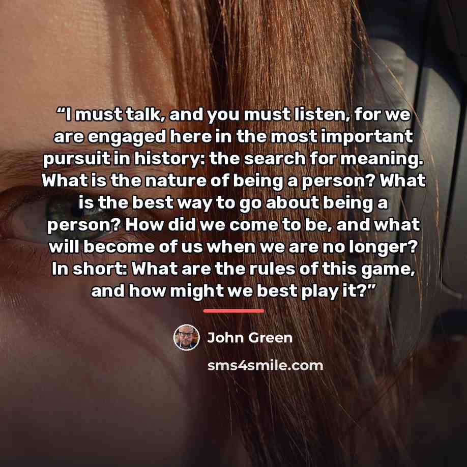 “I must talk, and you must listen, for we are engaged here in the most important pursuit in history: the search for meaning. What is the nature of being a person? What is the best way to go about being a person? How did we come to be, and what will become of us when we are no longer? In short: What…” quote by John Green