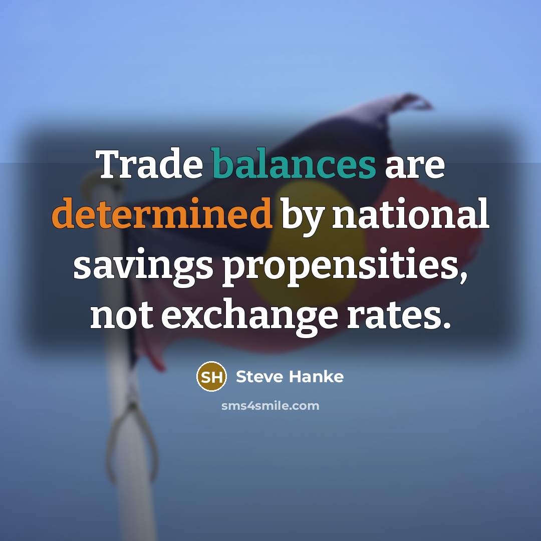 “Trade balances are determined by national savings propensities, not exchange rates.” quote by Steve Hanke