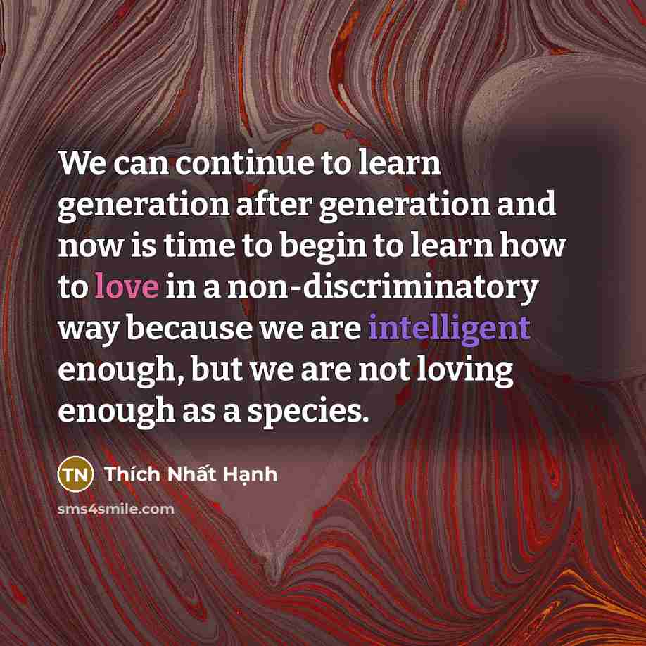 “We can continue to learn generation after generation and now is time to begin to learn how to love in a non-discriminatory way because we are intelligent enough, but we are not loving enough as a species.” quote by Thich Nhat Hanh