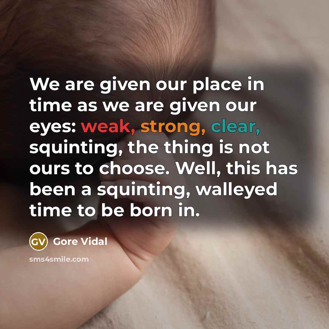 “We are given our place in time as we are given our eyes: weak, strong, clear, squinting, the thing is not ours to choose. Well, this has been a squinting, walleyed time to be born in.” quote by Gore Vidal