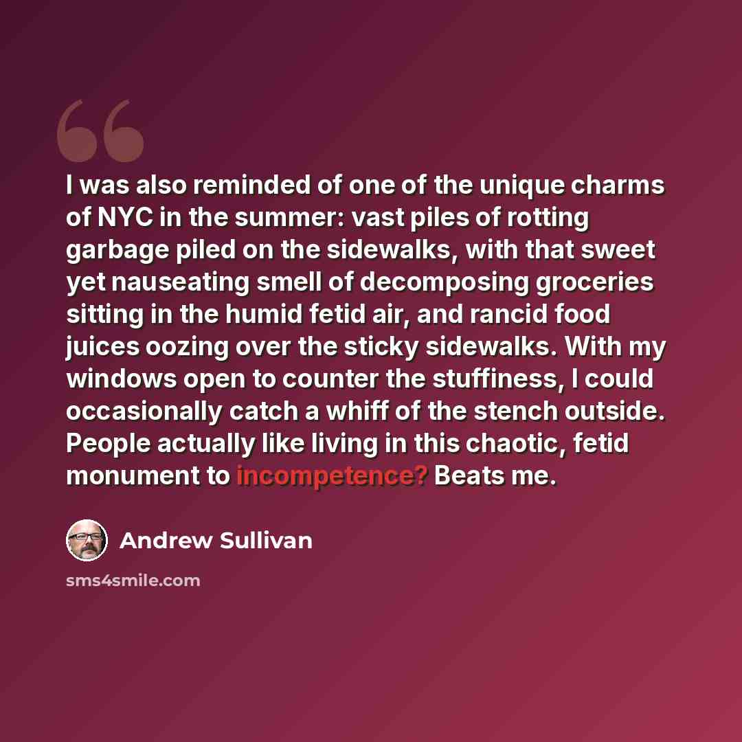 “I was also reminded of one of the unique charms of NYC in the summer: vast piles of rotting garbage piled on the sidewalks, with that sweet yet nauseating smell of decomposing groceries sitting in the humid fetid air, and rancid food juices oozing over the sticky sidewalks. With my windows open to…” quote by Andrew Sullivan