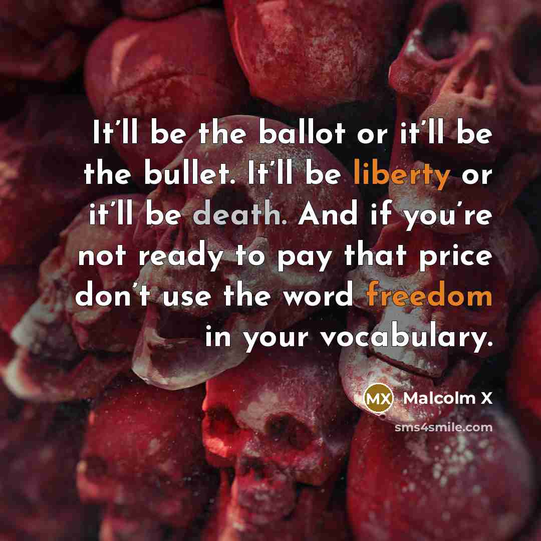 “It’ll be the ballot or it’ll be the bullet. It’ll be liberty or it’ll be death. And if you’re not ready to pay that price don’t use the word freedom in your vocabulary.” quote by Malcolm X