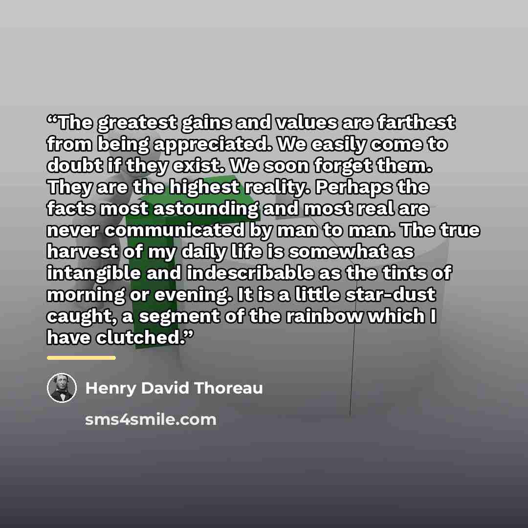 “The greatest gains and values are farthest from being appreciated. We easily come to doubt if they exist. We soon forget them. They are the highest reality. Perhaps the facts most astounding and most real are never communicated by man to man. The true harvest of my daily life is somewhat as…” quote by Henry David Thoreau