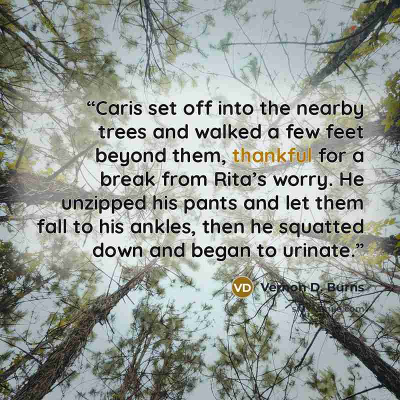 “Caris set off into the nearby trees and walked a few feet beyond them, thankful for a break from Rita’s worry. He unzipped his pants and let them fall to his ankles, then he squatted down and began to urinate.” quote by Vernon D. Burns