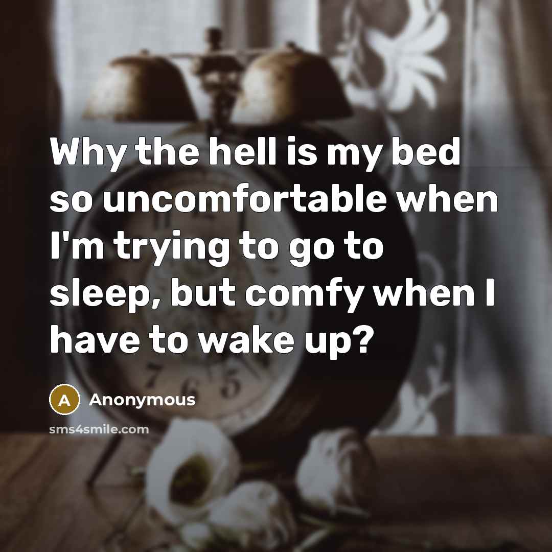 “Why the hell is my bed so uncomfortable when I'm trying to go to sleep, but comfy when I have to wake up?” quote by Anonymous
